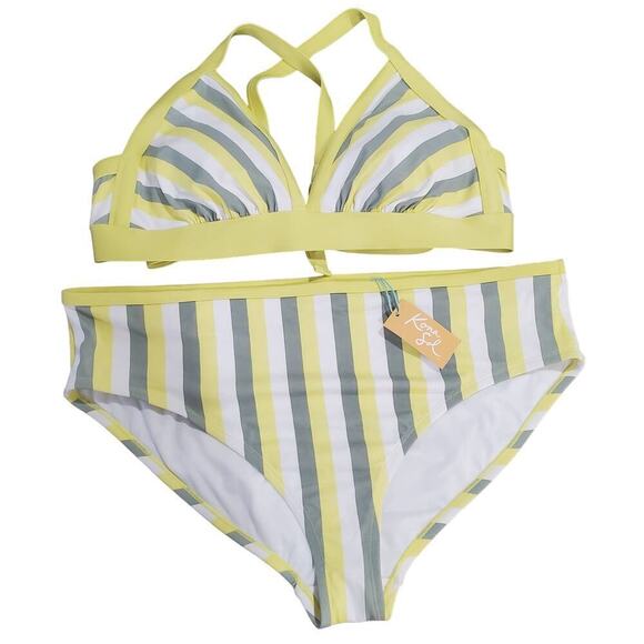 Kona Sol Bikini Womens 2X Yellow Two Piece Striped High Waist Swim Boho Neutral - Picture 1 of 8